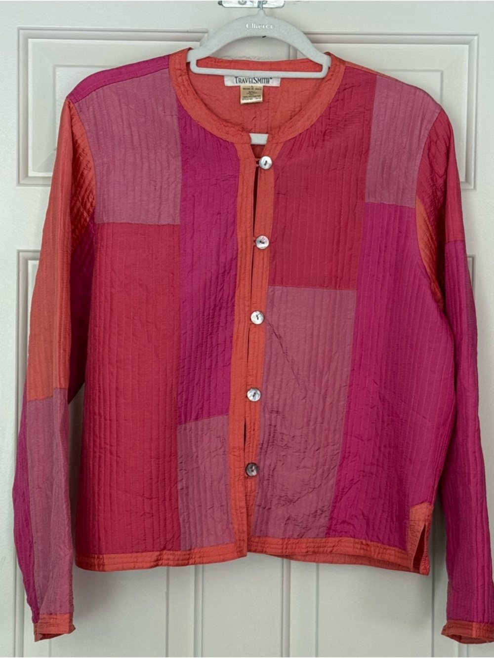 TravelSmith Pink and Coral Patchwork Button-Down Top